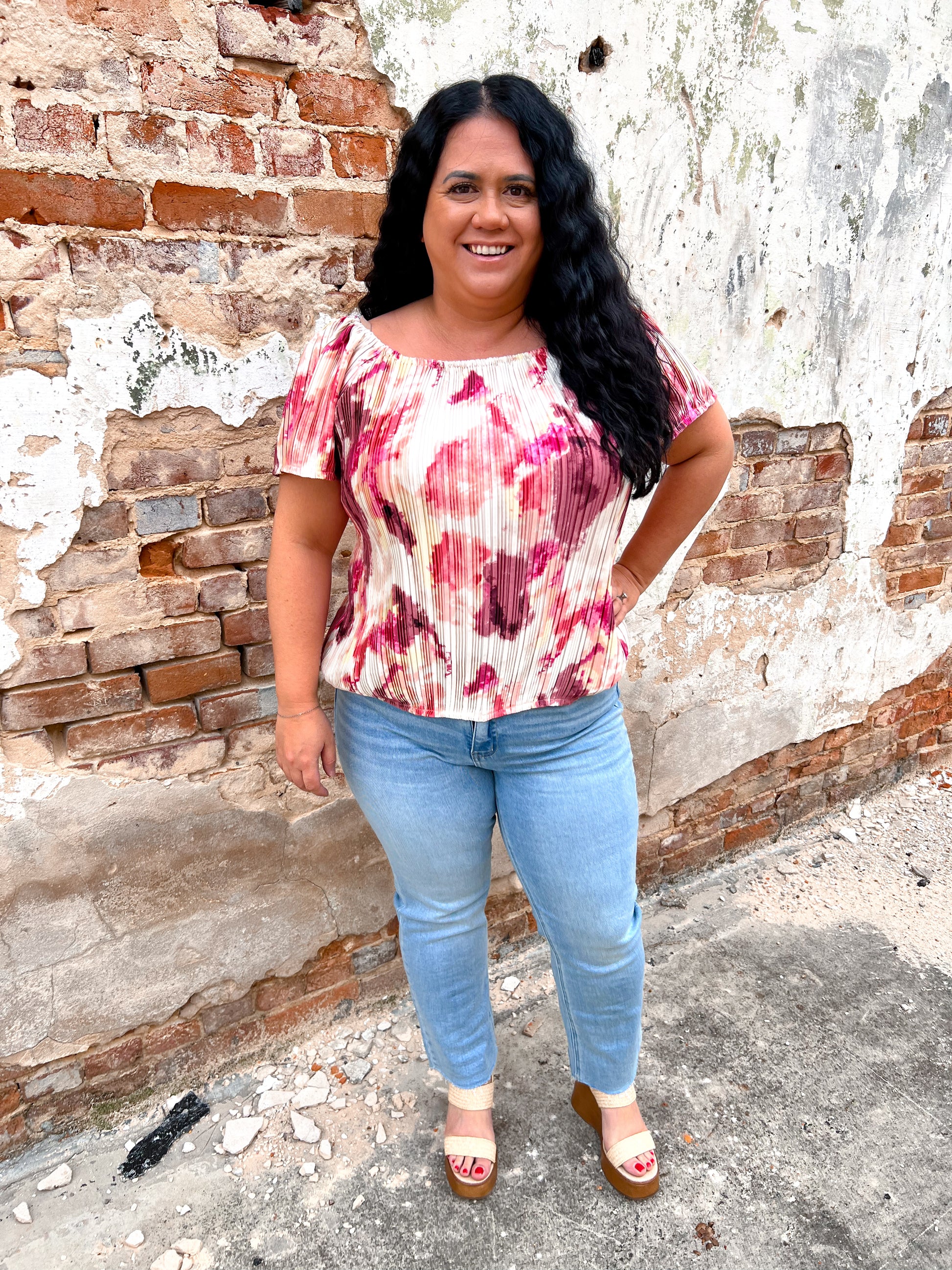 Aleena Ombre Watercolor Off The Shoulder Top-Top-Southern Grace Wholesale-1st md,9338e,BIN D3,Max Retail-The Twisted Chandelier