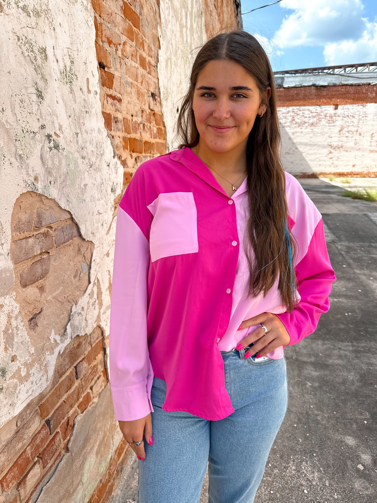 Pink Color Block Button Up Top-TOP-Southern Grace Wholesale-7660-CC-PINK,BIN D3,Tops Collection-The Twisted Chandelier