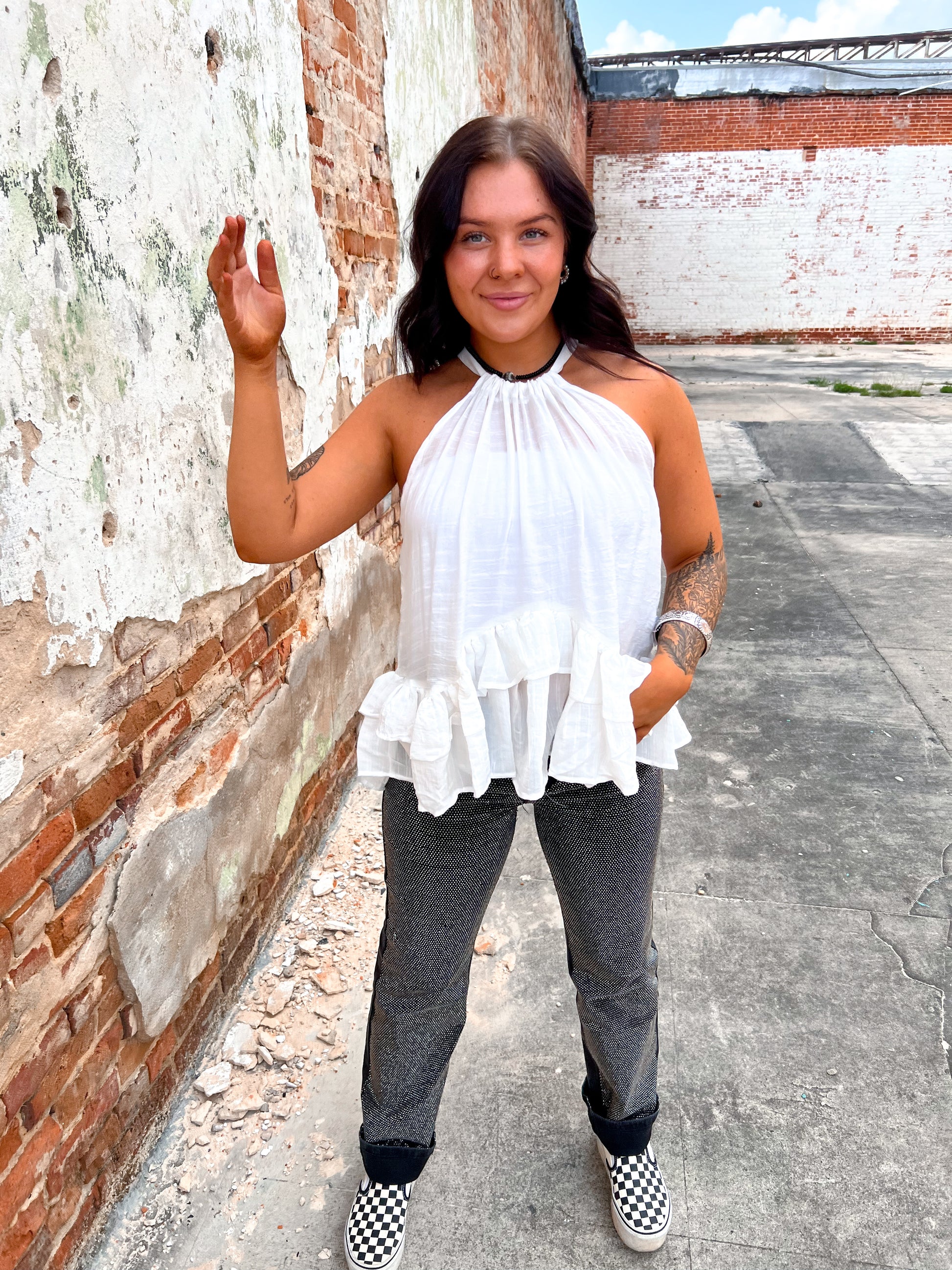 Mikayla Halter Ruffle Sleevless Blouse Top-Top-mazik-04/25,05/27/24,1st md,Bin D1,Max Retail,not on the floor only in the bins,Tops Collection-The Twisted Chandelier