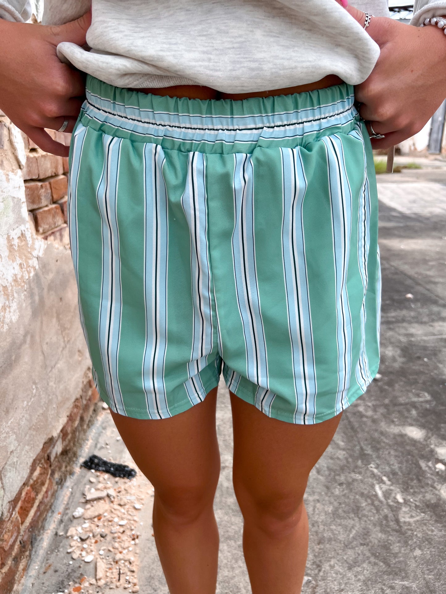 Stella Elastic Waist Boxer Shorts - Green & Blue Striped-Shorts-Rosa Clothing-11/17/24,1st md,Bin c1,bottom,FD 09/03/24,not on the floor only in the bins,OGP 34.99-The Twisted Chandelier
