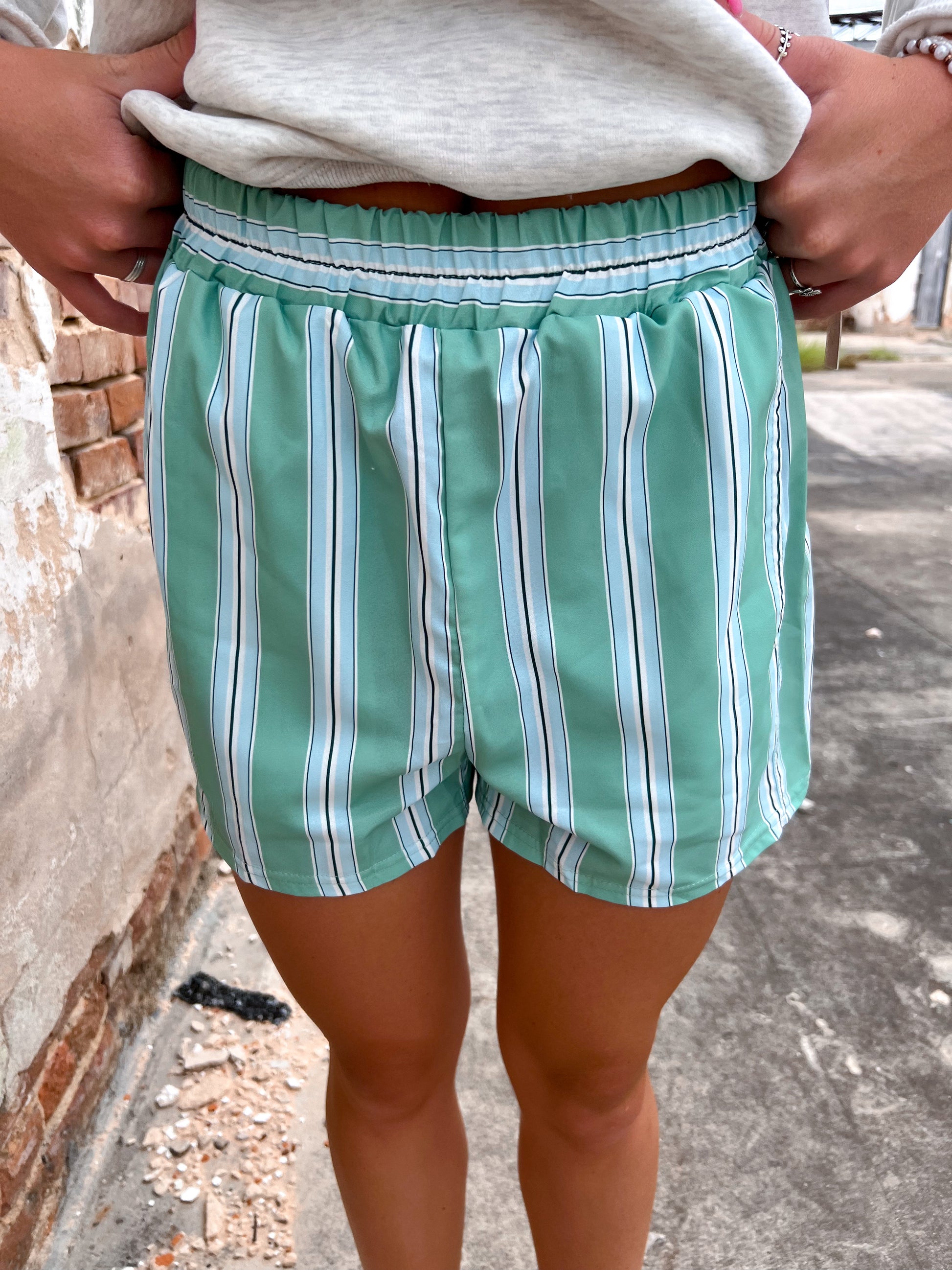 Stella Elastic Waist Boxer Shorts - Green & Blue Striped-Shorts-Rosa Clothing-11/17/24,1st md,Bin c1,bottom,FD 09/03/24,not on the floor only in the bins,OGP 34.99-The Twisted Chandelier