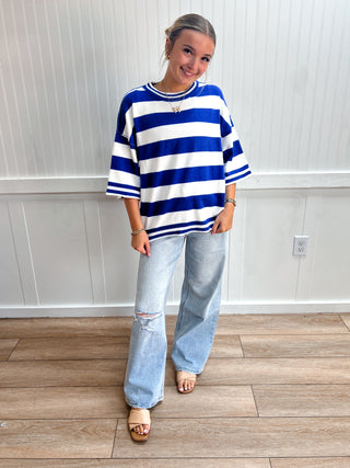 Baylor Stripe Knit Oversized Top - Blue-Top-Sewn and Seen-FD 08/26/26,gameday,NewArrival,Tops Collection-The Twisted Chandelier