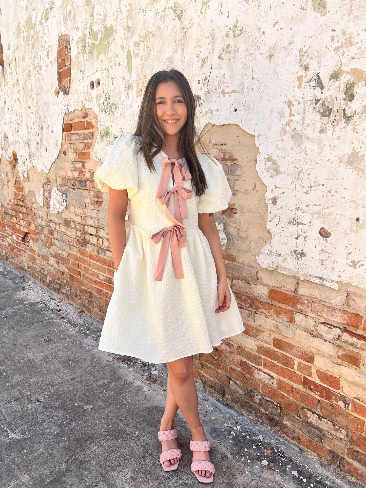 Bianca Bubble Textured Bow Tie Front Dress with Bubble Sleeves - Cream-Dress-idem ditto-1st md,Bin d2,DJR,FD 05/13/25-The Twisted Chandelier