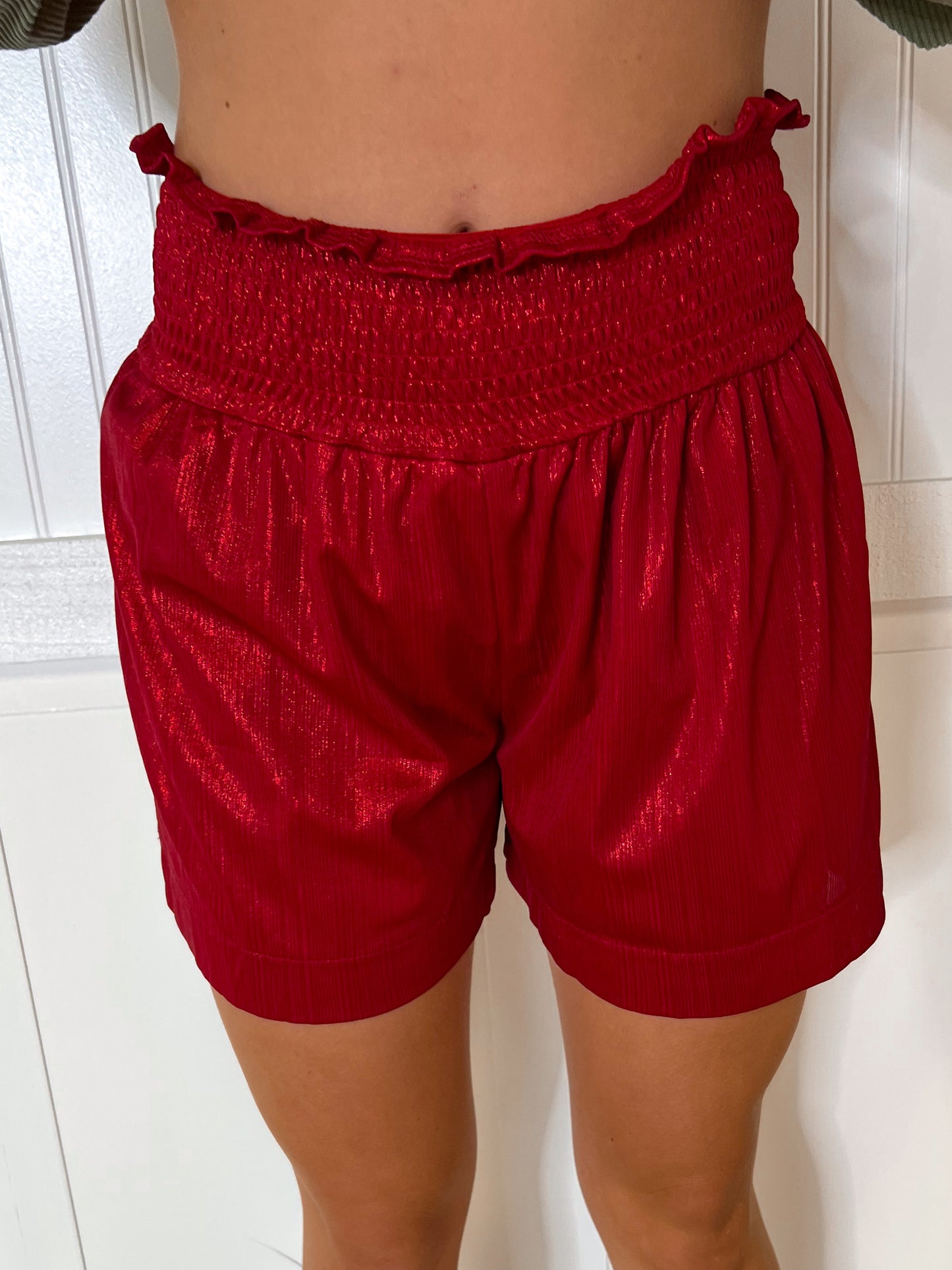 Julie Red High Waisted Shimmer Shorts-Shorts-Southern Grace Wholesale-04/25,1st md,Bin D1,bottoms,Max Retail-The Twisted Chandelier