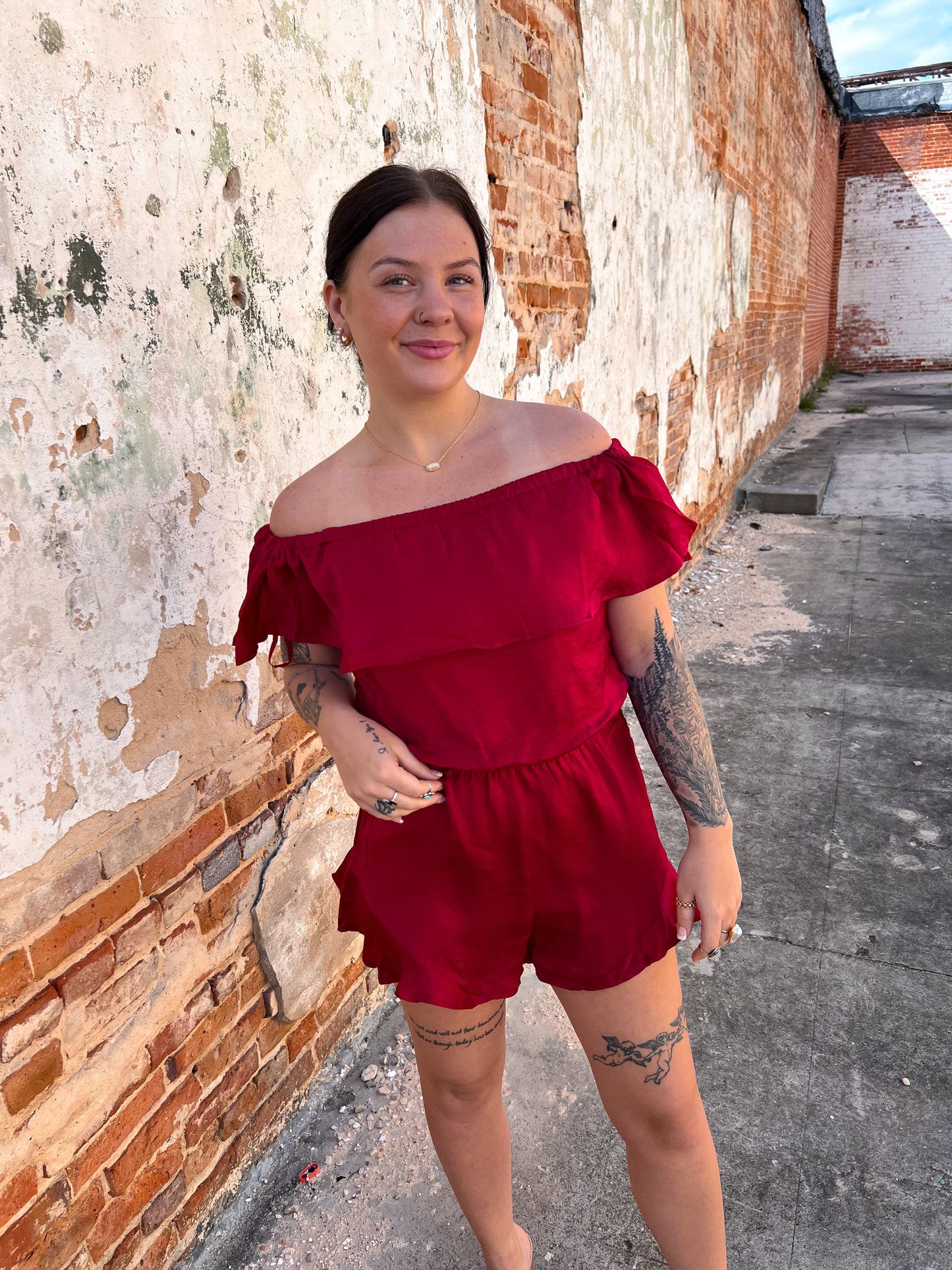 Mila Off The Shoulder Satin Romper-Romper-She & Sky-& Jumpsuits,08/18/24,1st md,Bin d2,DJR,Dresses,gameday,Max Retail,OGP 49.99,Rompers,SS8084-The Twisted Chandelier