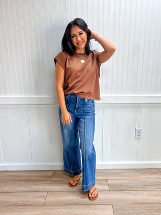 Cora Solid Round Neck Cap Sleeve Top - Mocha-Top-ENTRO-Fall Favorites,FD 08/14/26,NewArrival,Tops Collection-The Twisted Chandelier