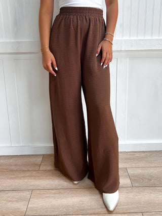 Wren Woven Airflow Elastic Waistband Pants - Brown-Pants-ZENANA-bottoms,Fall Favorites,NewArrival-The Twisted Chandelier