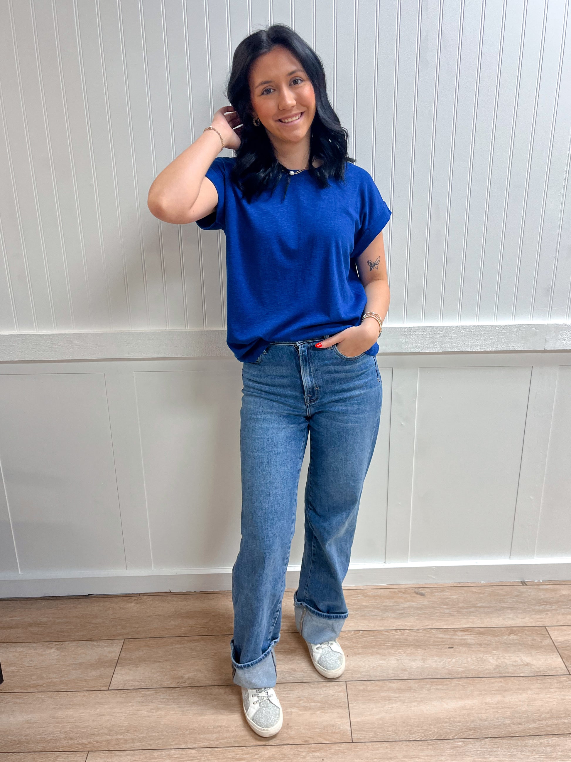 Delaney Cotton Modal Slub Rolled Sleeve Tee - Light Navy-ZENANA-FD 03/12/26,Tops Collection-The Twisted Chandelier