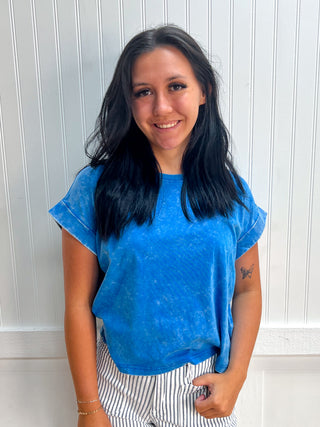 Kendall Washed Cotton Cuffed Short Sleeve Top - Ocean Blue-Top-ZENANA-Fd 8/3/26,gameday,Tops Collection-The Twisted Chandelier