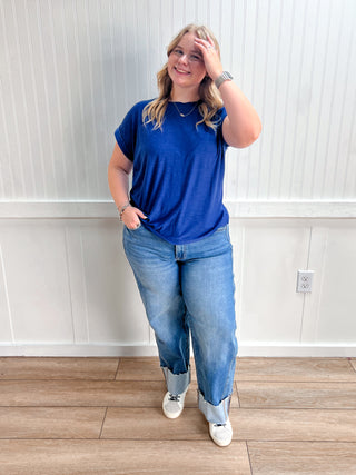 Addie Slub Cuffed Sleeve Tee - Navy-Top-ZENANA-FD 08/03/26,gameday,Tops Collection-The Twisted Chandelier