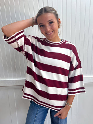 Baylor Stripe Knit Oversized Top - Maroon-Top-Sewn and Seen-Fall Favorites,FD 08/26/26,gameday,NewArrival,Tops Collection-The Twisted Chandelier