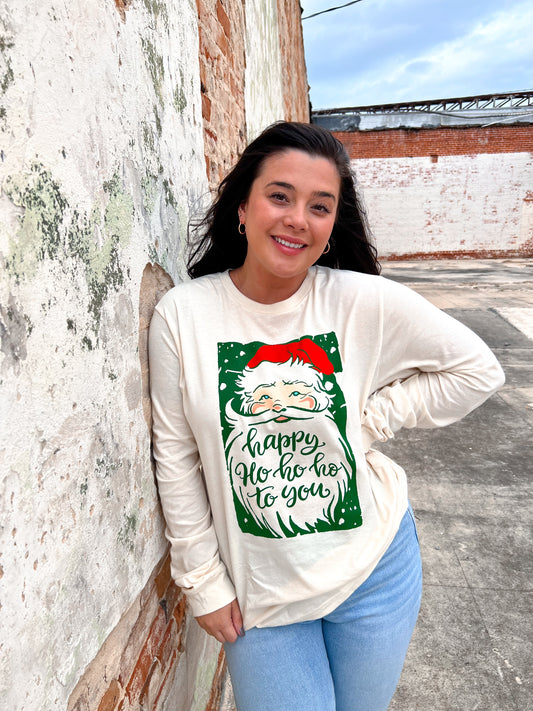 Happy Ho Ho Ho Natural Long Sleeve-Long Sleeve Top-small town society-$25 & Under Sale,Christmas tote ct1,Max Retail,Tops Collection-The Twisted Chandelier