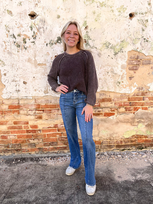 Delilah Washed Crewneck Knit Pullover Sweater-Blu Pepper-Bin D1,FD 12/13/24,FD 12/23/24,Max Retail,not on the floor only in the bins,Tops Collection-The Twisted Chandelier