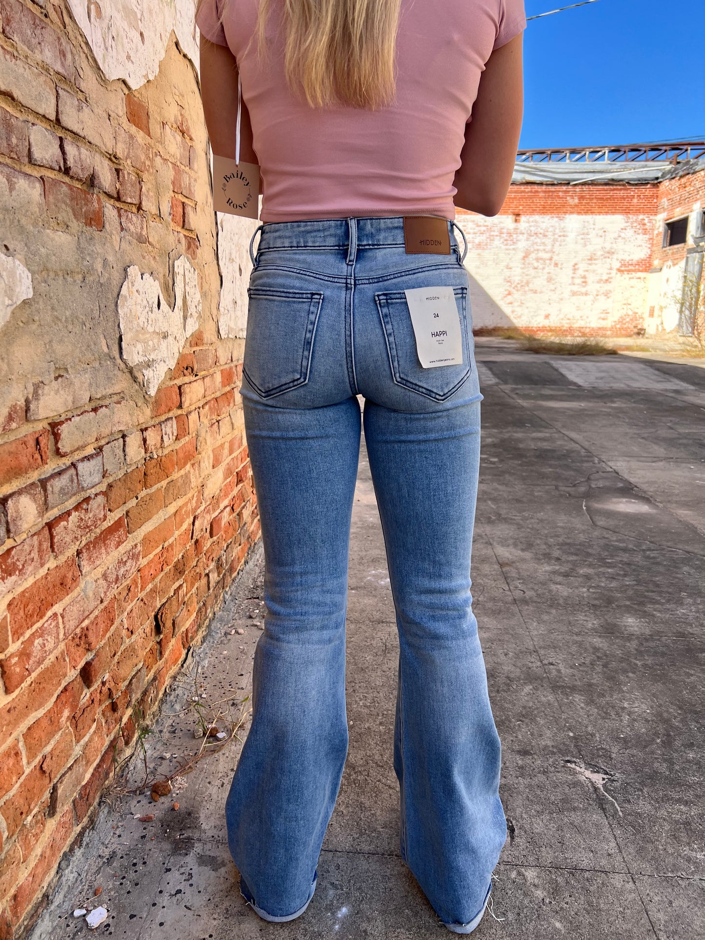Happi Medium Light Mid Rise Distressed 33" Inseam Flare-Hidden Jeans-Bin b6,bottoms,CR 10/21/24,FD 10/22/24-The Twisted Chandelier