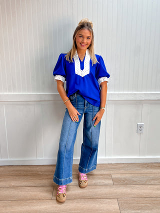 Lacey Tiny Polka Dot Contrast Accent Solid Top-Top-jodifl-FD 08/04/26,gameday,Tops Collection-The Twisted Chandelier