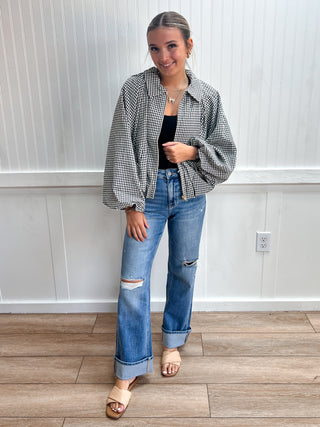 Greer Gingham Long Balloon Sleeves jacket-Jacket-ENTRO-FD 08/26/26,NewArrival,Tops Collection-The Twisted Chandelier