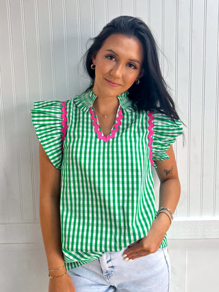 Eloise Check Print Flutter Sleeve Top-Top-Entro-FD 06/17/26,Tops Collection-The Twisted Chandelier