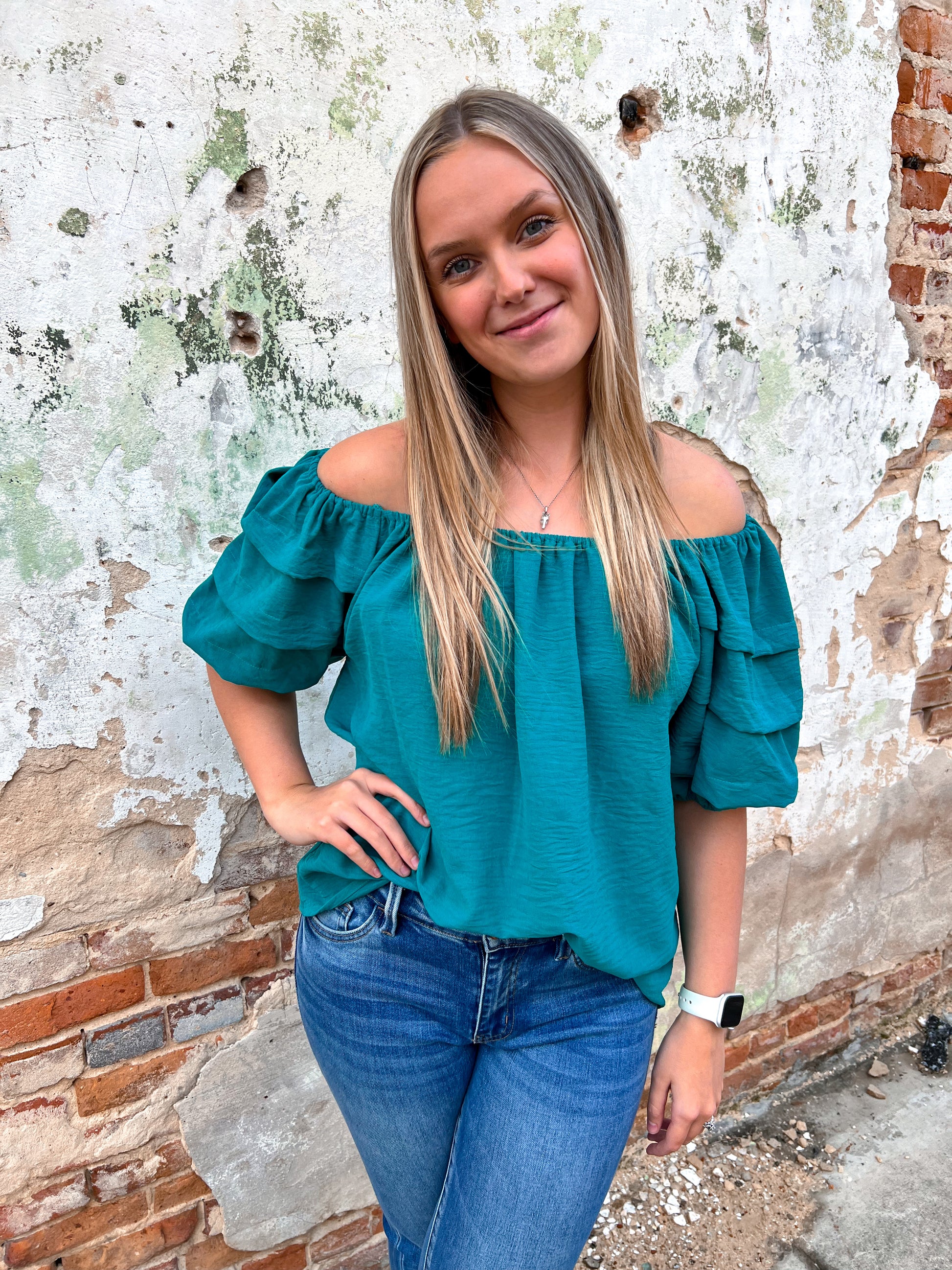 Aubriella Pleated Boxy Cut Round Neck Top with 1/2 Puff Short Sleeves-Top-Umgee-b8678,FD 11/26/24,Tops Collection-The Twisted Chandelier