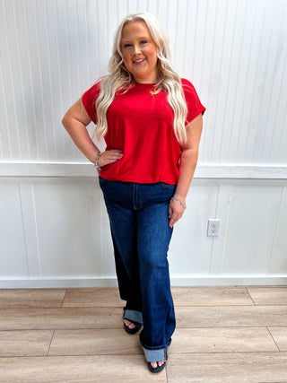 Addie Slub Cuffed Sleeve Tee - Plus - Ruby-Top-ZENANA-FD 08/05/26,gameday,Tops Collection-The Twisted Chandelier