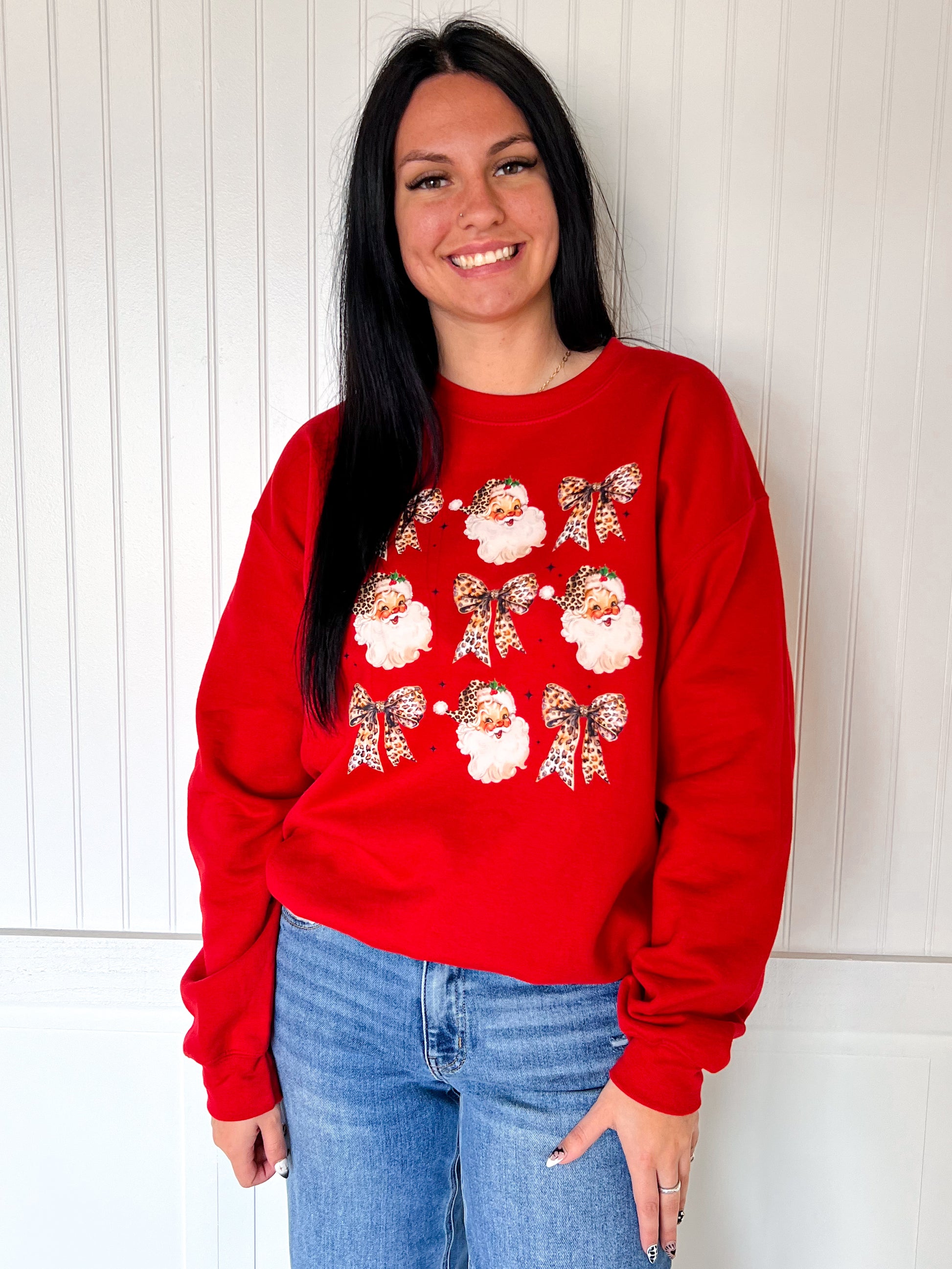 Leopard Bow Santa Design Sweatshirt-Top-This Wild Life Wholesale-OGP 54.99,Tops Collection-The Twisted Chandelier