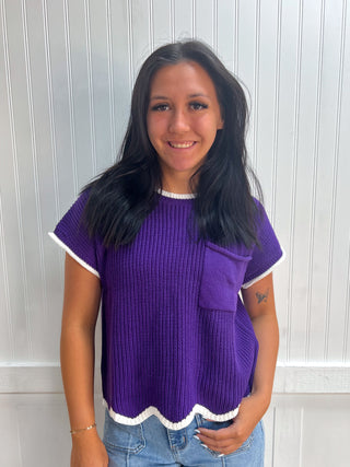 Peyton Drop Shoulder Short Sleeve Scallop Hem Sweater Top-Top-Vanilla Monkey-Fd 8/3/26,gameday,Tops Collection-The Twisted Chandelier