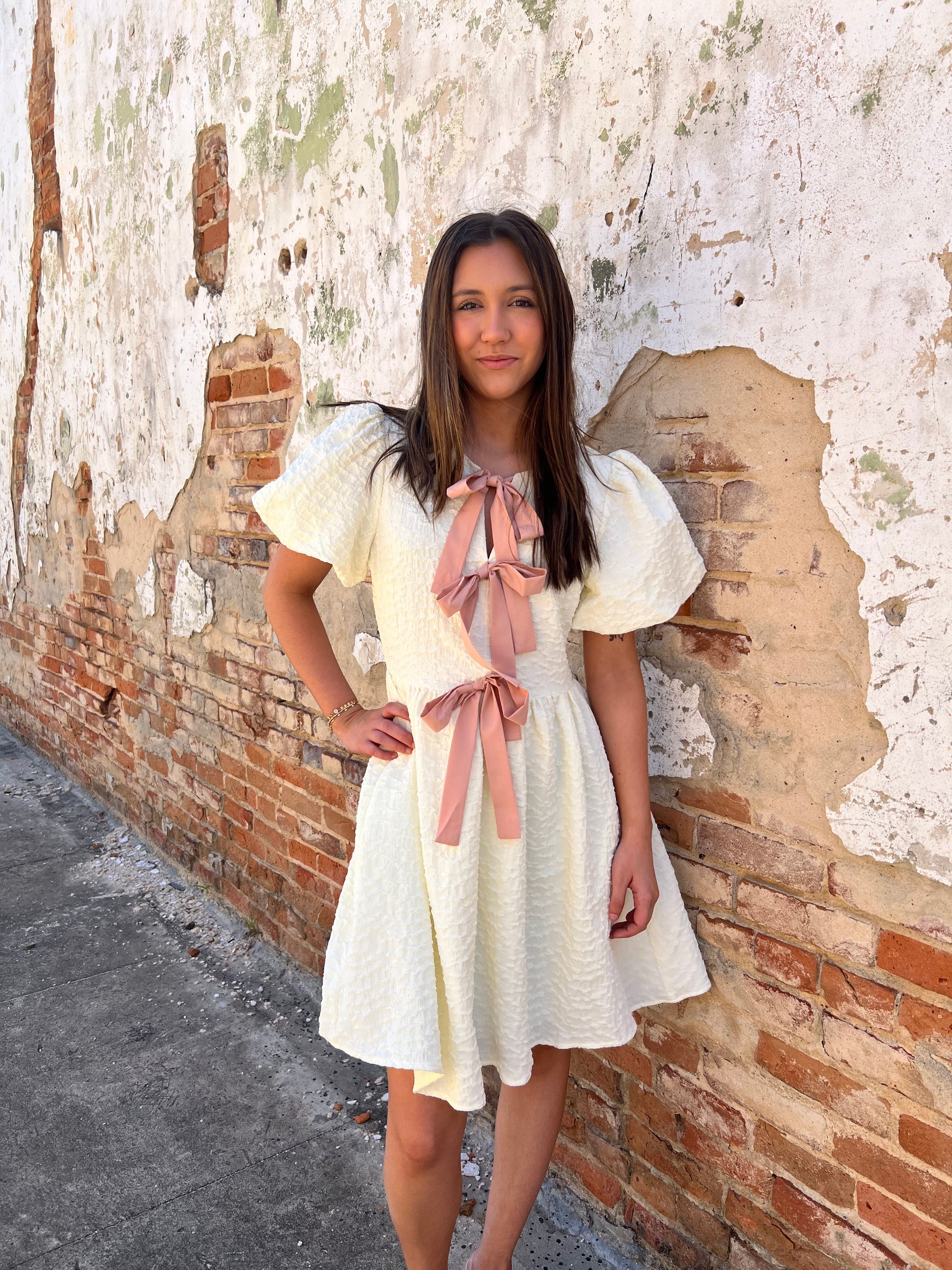 Bianca Bubble Textured Bow Tie Front Dress with Bubble Sleeves - Cream-Dress-idem ditto-1st md,Bin d2,DJR,FD 05/13/25-The Twisted Chandelier