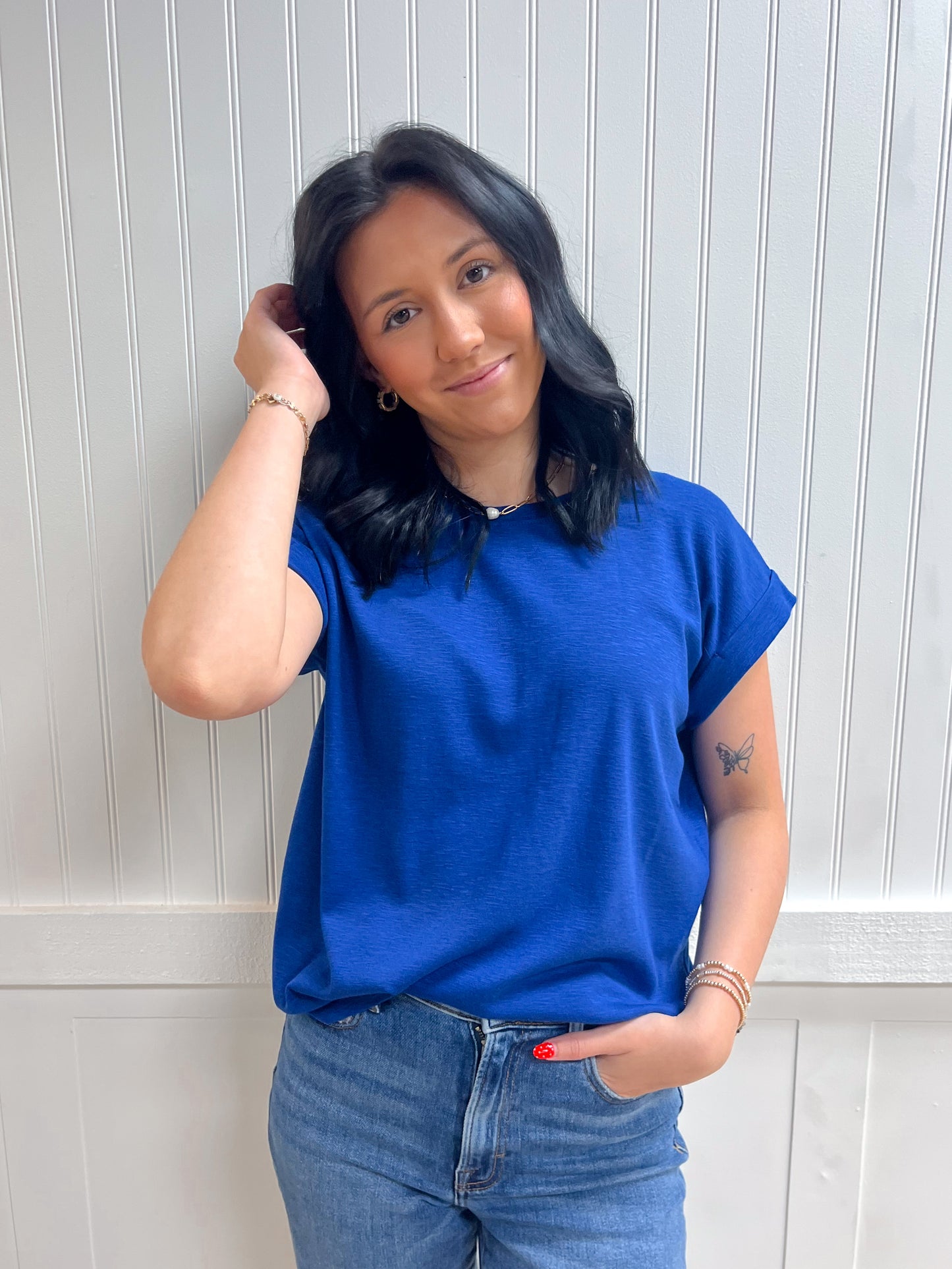 Delaney Cotton Modal Slub Rolled Sleeve Tee - Light Navy-ZENANA-FD 03/12/26,Tops Collection-The Twisted Chandelier