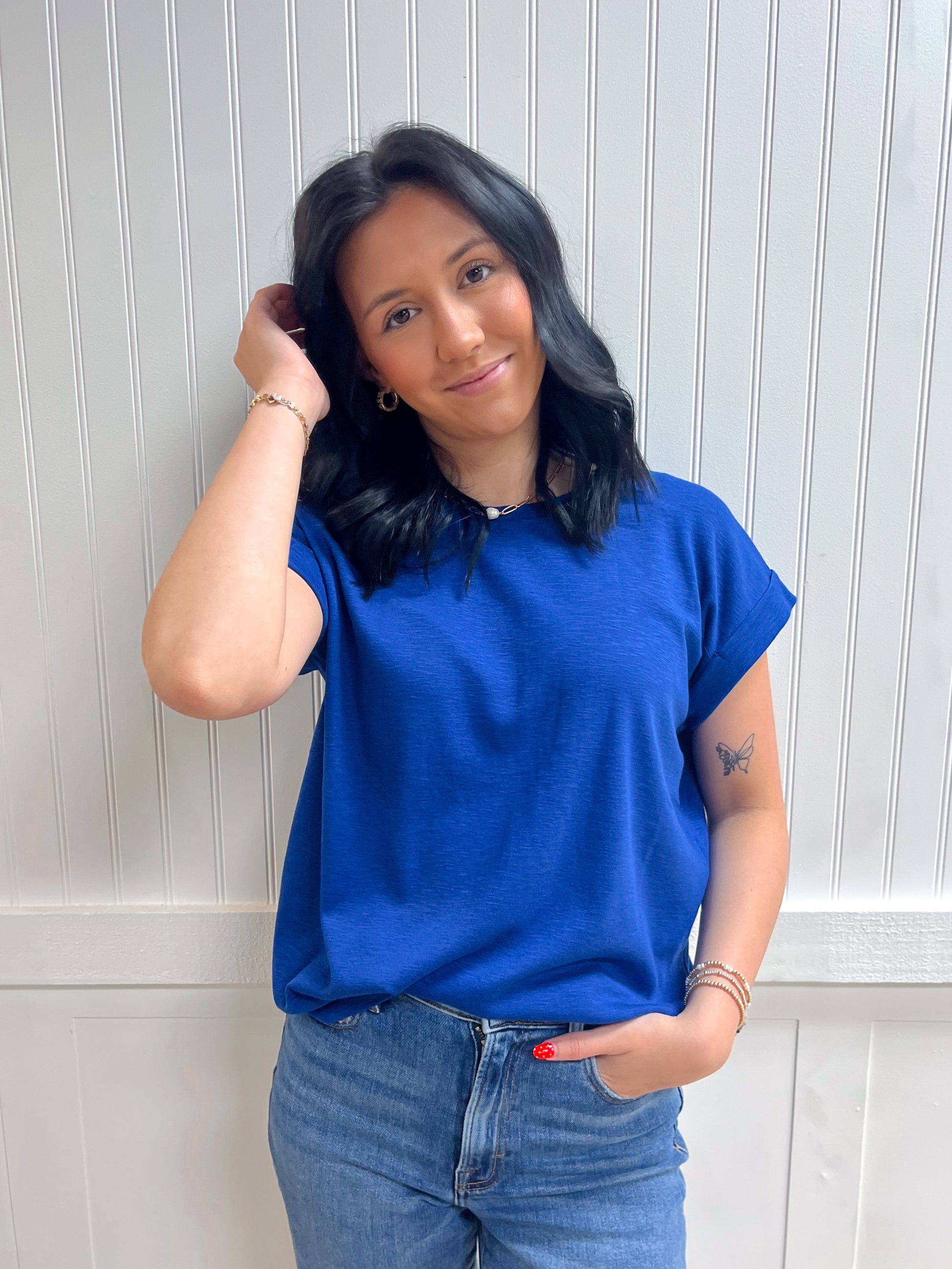 Delaney Cotton Modal Slub Rolled Sleeve Tee - Light Navy-ZENANA-FD 03/12/26,Tops Collection-The Twisted Chandelier