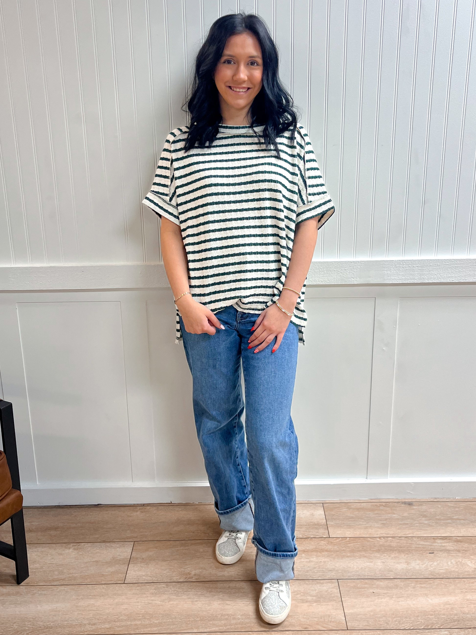 Riley Striped Short Sleeve Hi-Low Tee-ZENANA-FD 03/12/26,Tops Collection-The Twisted Chandelier