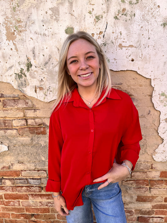 Joanna Red Classic Button Up Top-top-Southern Grace Wholesale-Bin D1,FD 12/23/24,Tops Collection-The Twisted Chandelier