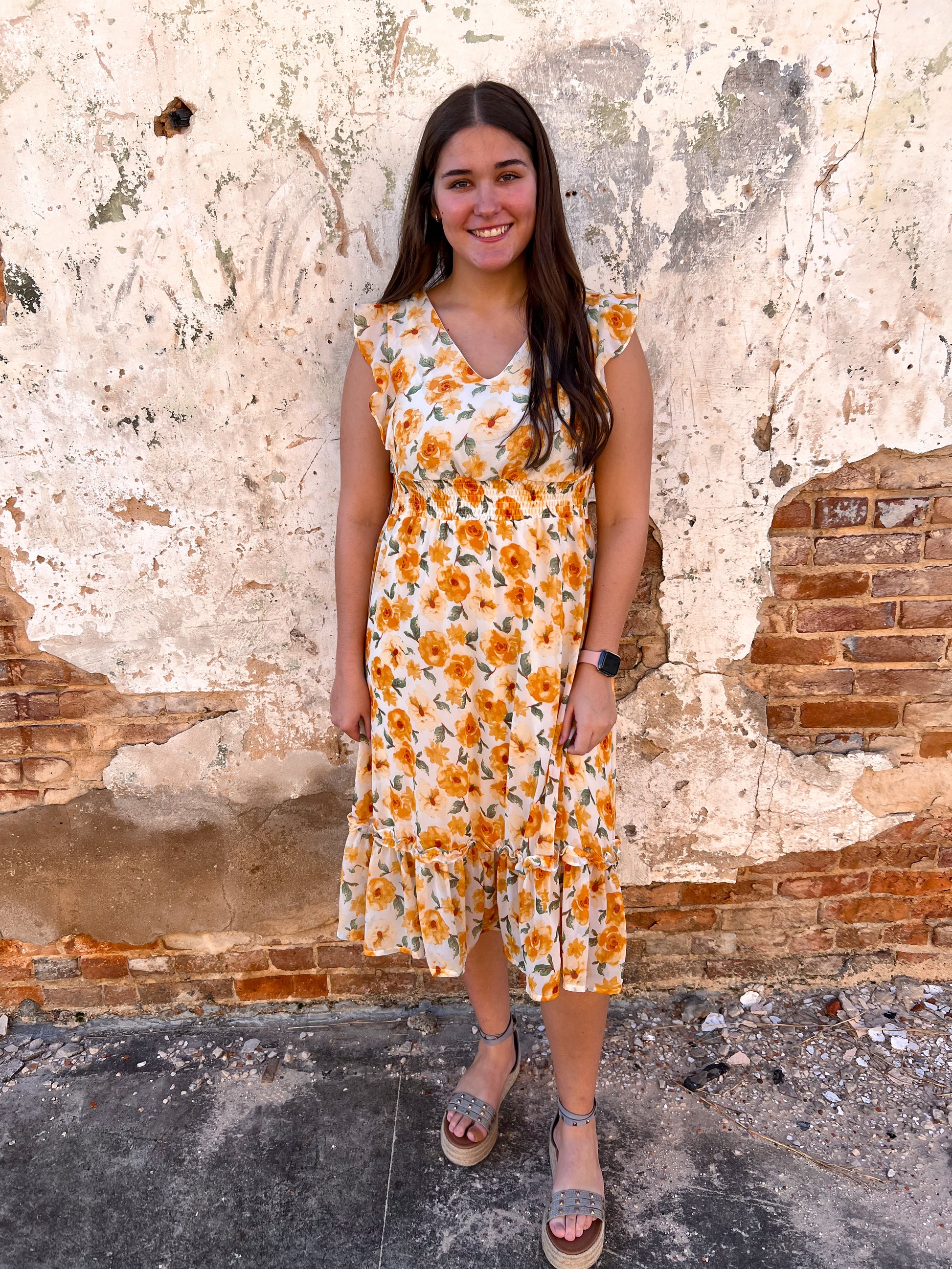 Josie Ruffled Sleeve Floral Print Woven Smocked Waist Midi Dress-Dress-She & Sky-09/03/24,1st md,DJR,OGP 49.99,SY6497-The Twisted Chandelier