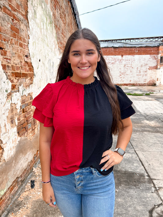 Kaia Color Block Tiered Ruffle Sleeve Blouse-BLOUSE TOP-oddi-10/11/24,1st md,BIN D3,Cr05/29/24,gameday,IT16883P,OGP 36.99,Tops Collection-The Twisted Chandelier