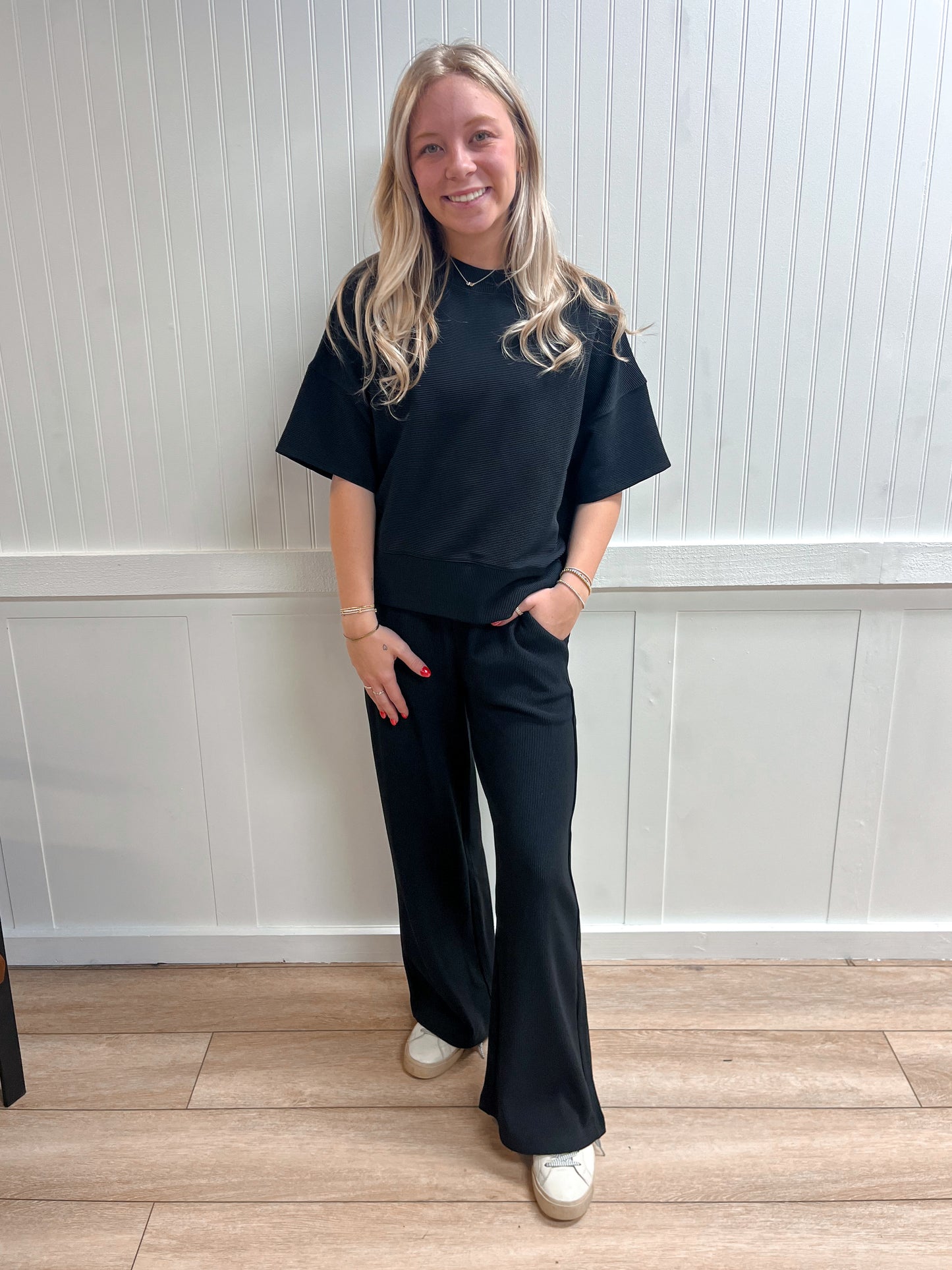 Jovie Ribbed Round Neck Tee & Pants Set – Soft Knit Two-Piece Lounge Outfit - Black-Outfit Sets-Zenana-FD 03/12/26-The Twisted Chandelier