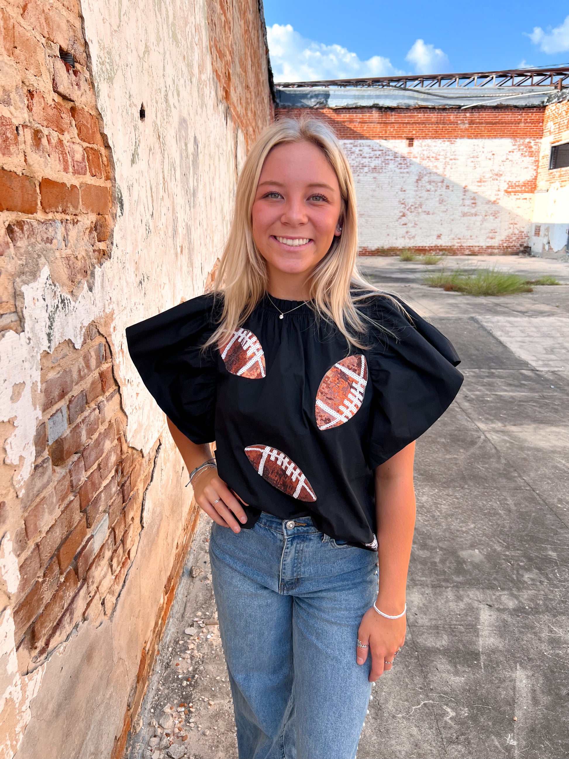 Football Sequin Patch Solid Poplin Blouse-BLOUSE TOP-oddi-10/11/24,1st md,Bin c1,Bin C3,Cr05/29/24,gameday,IT16963,Max Retail,OGP 49.99,Tops Collection-The Twisted Chandelier