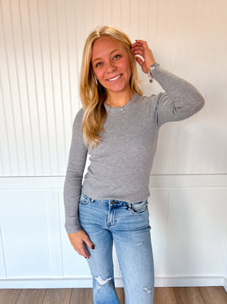 Coraline Long Sleeve Crew Neck Viscose Rib Sweater - Heather Grey-Active Basic | Active USA-FD 12/08/25,Tops Collection-The Twisted Chandelier