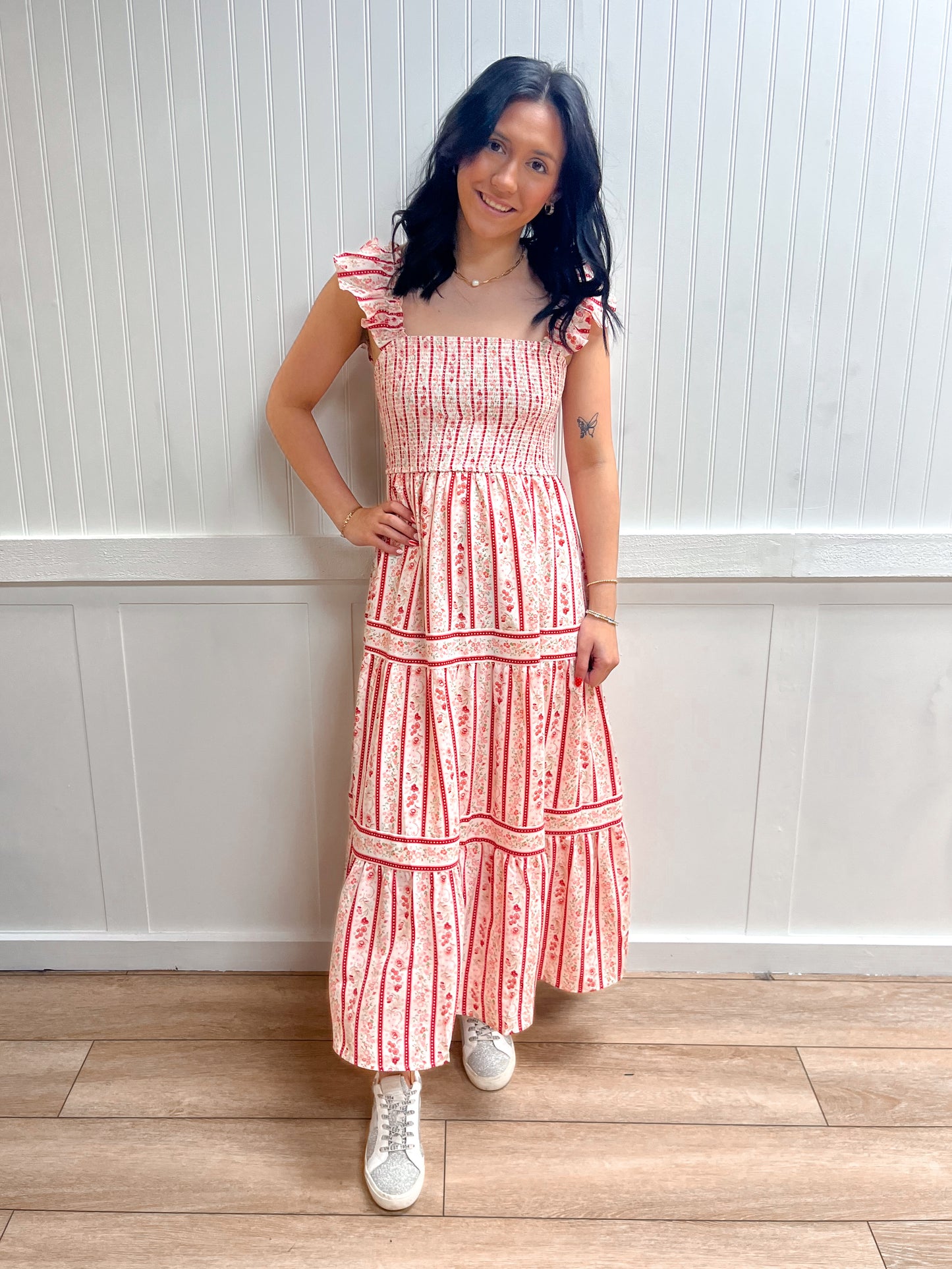 Gia Stripe Floral Pattern Smocked Tiered Midi Dress-Blu Pepper-DJR,FD 03/12/26-The Twisted Chandelier