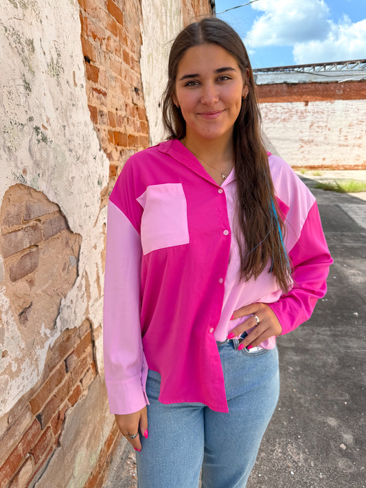 Pink Color Block Button Up Top-TOP-Southern Grace Wholesale-7660-CC-PINK,BIN D3,Tops Collection-The Twisted Chandelier