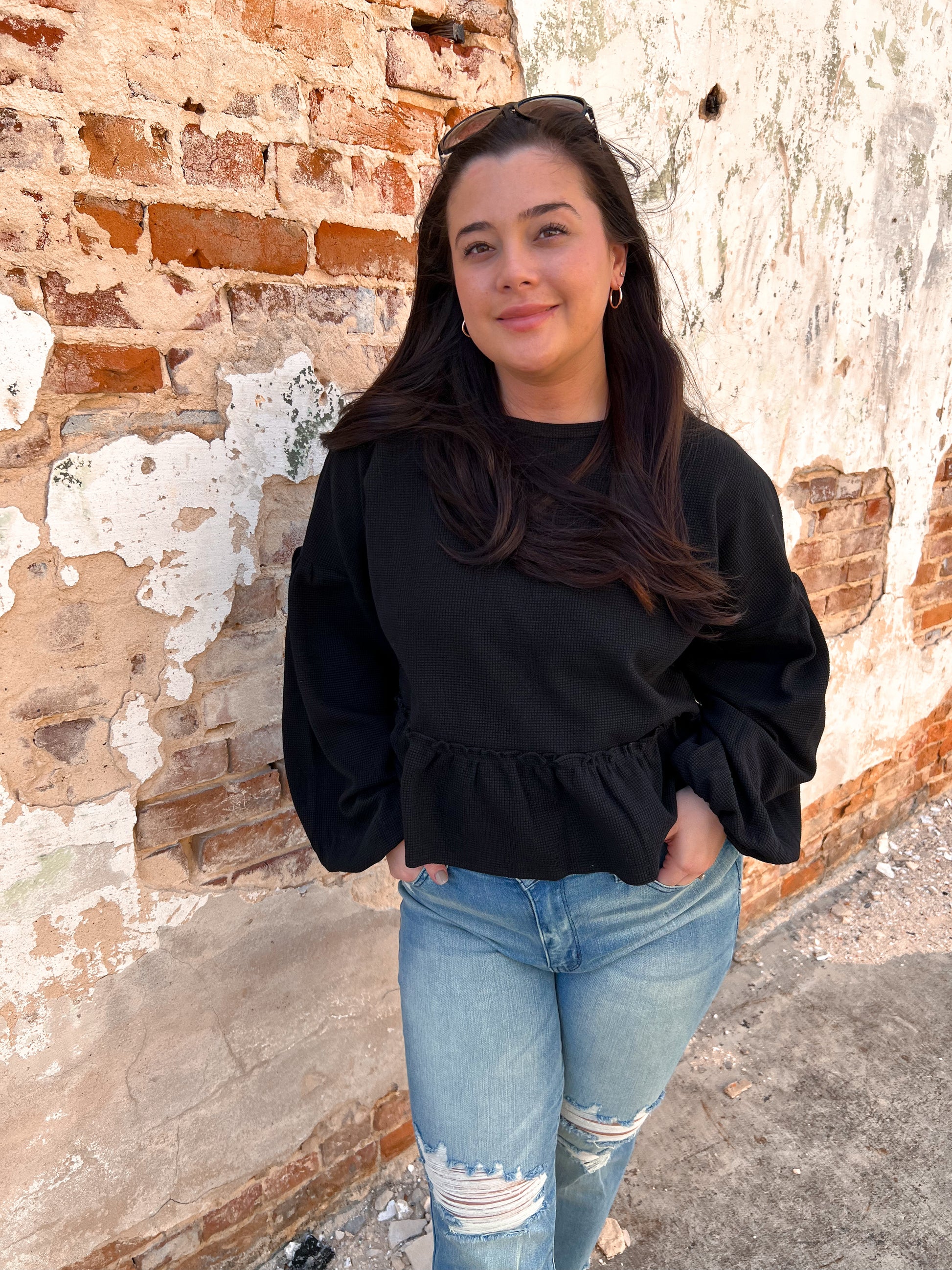 Halston Waffle Top - Black-BLOUSE TOP-Southern Grace Wholesale-Max Retail,Tops Collection-The Twisted Chandelier