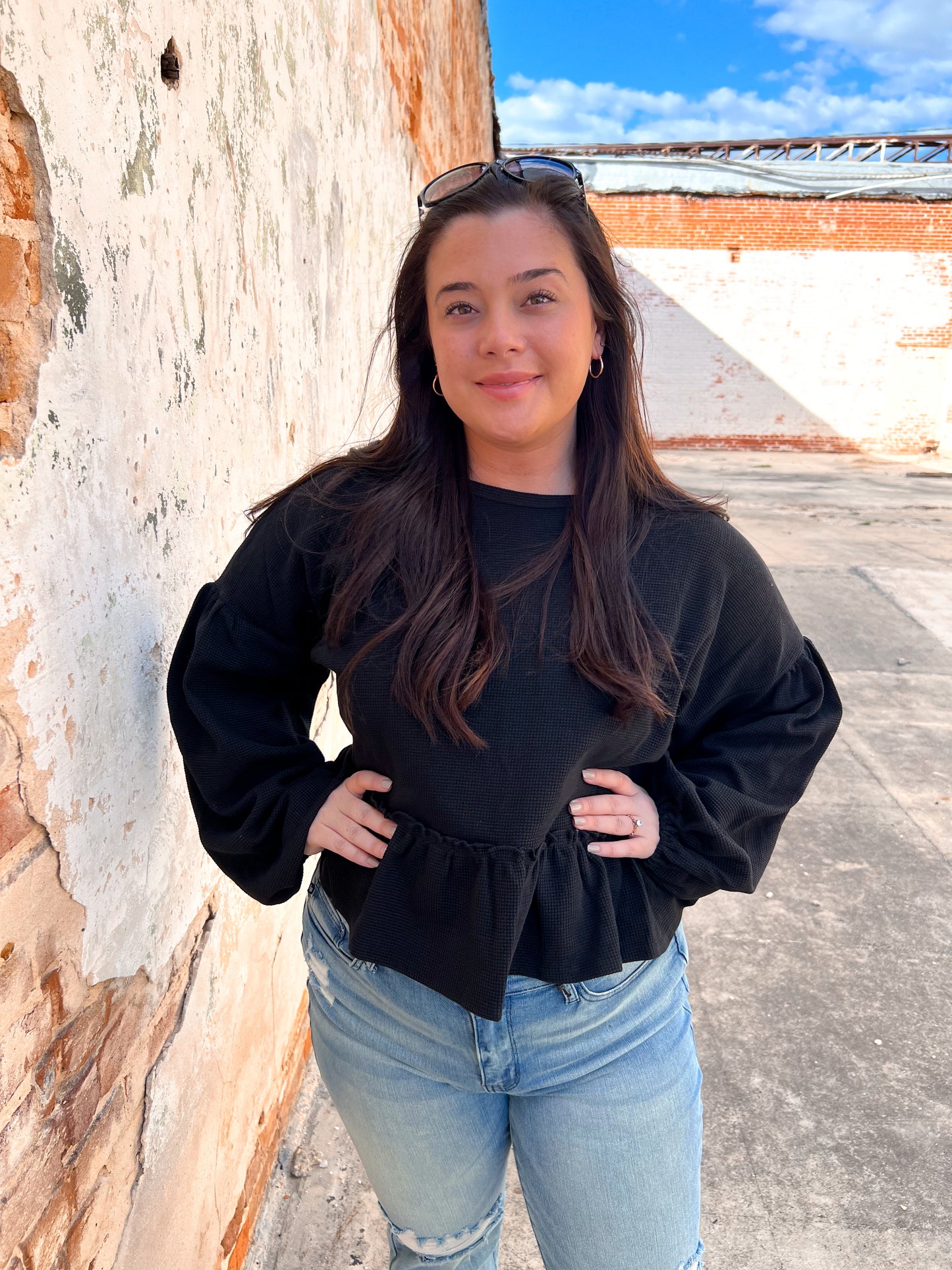 Halston Waffle Top - Black-BLOUSE TOP-Southern Grace Wholesale-Max Retail,Tops Collection-The Twisted Chandelier