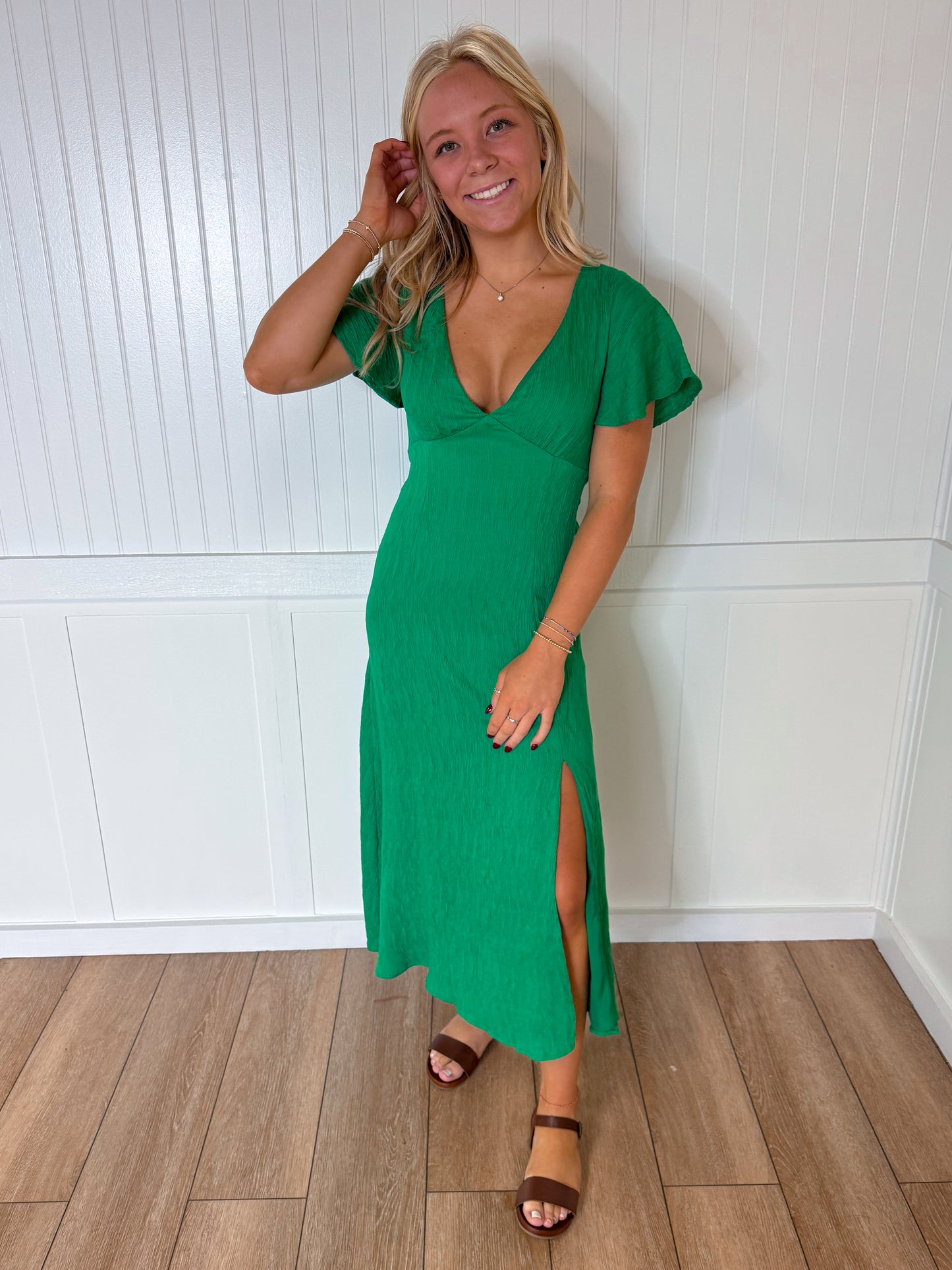 Viviana Long Green V-Neck Dress-Dresses-B. right-12/02/24,1st md,BIN A 3,CLD311097,DJR,Fd 05/21/24-The Twisted Chandelier