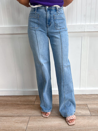 Corrine High Rise Patch Pocket Pintuck Wide Leg Jeans-Pants-Lovervet by VERVET-bottoms,Fall Favorites,LV2406-The Twisted Chandelier