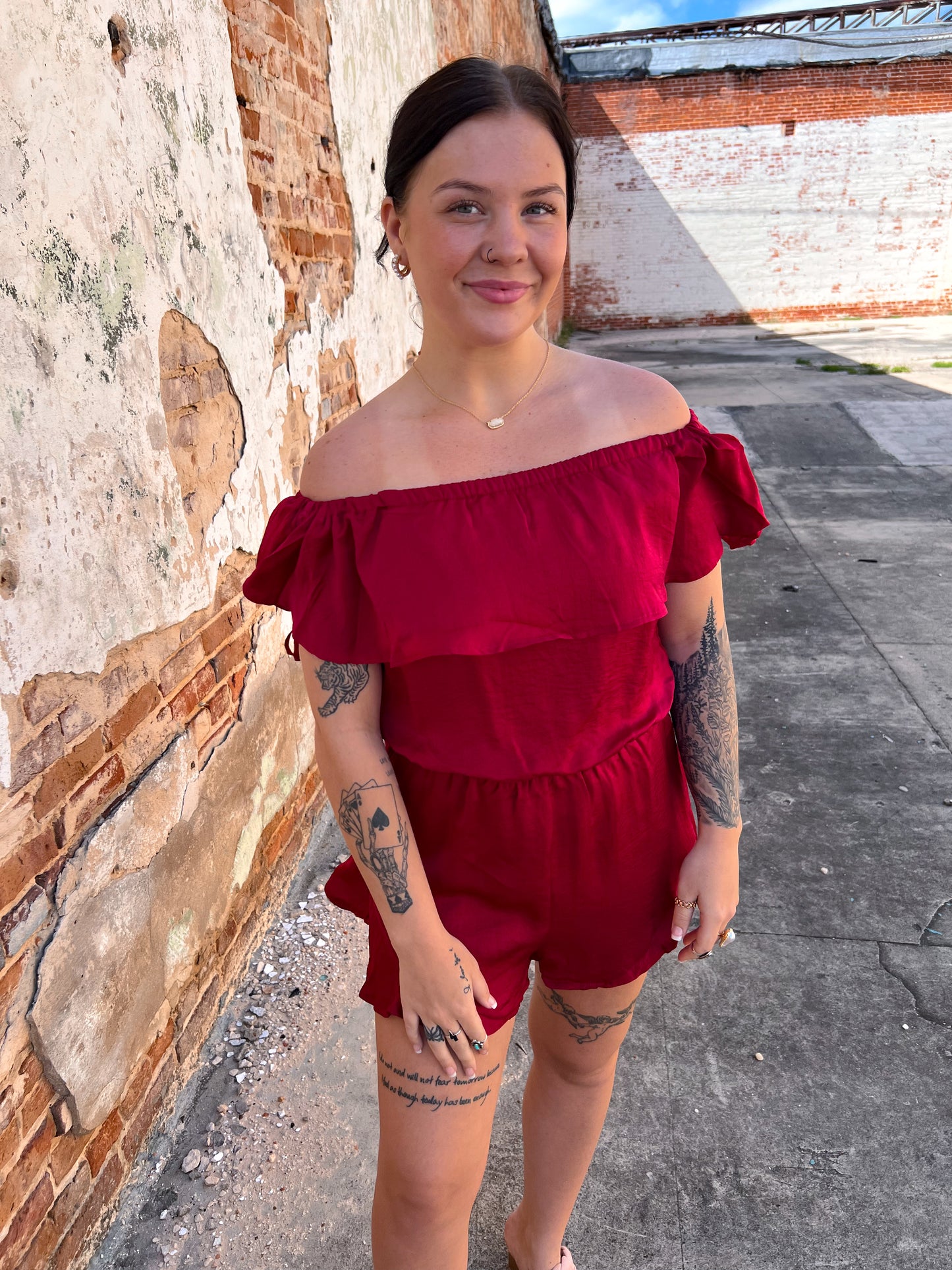 Mila Off The Shoulder Satin Romper-Romper-She & Sky-& Jumpsuits,08/18/24,1st md,Bin d2,DJR,Dresses,gameday,Max Retail,OGP 49.99,Rompers,SS8084-The Twisted Chandelier