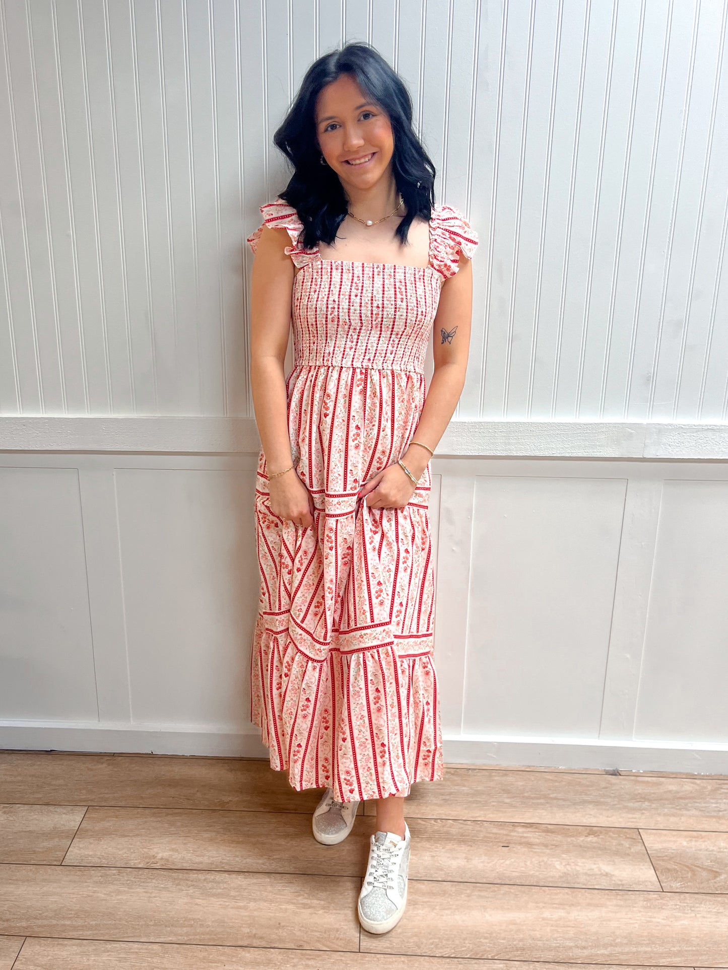 Gia Stripe Floral Pattern Smocked Tiered Midi Dress-Blu Pepper-DJR,FD 03/12/26-The Twisted Chandelier