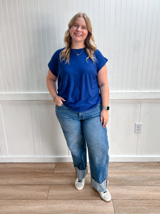 Addie Slub Cuffed Sleeve Tee - Navy-Top-ZENANA-FD 08/03/26,gameday,Tops Collection-The Twisted Chandelier