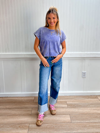 Kendall Washed Cotton Cuffed Short Sleeve Top - Marlin-Top-ZENANA-Tops Collection-The Twisted Chandelier