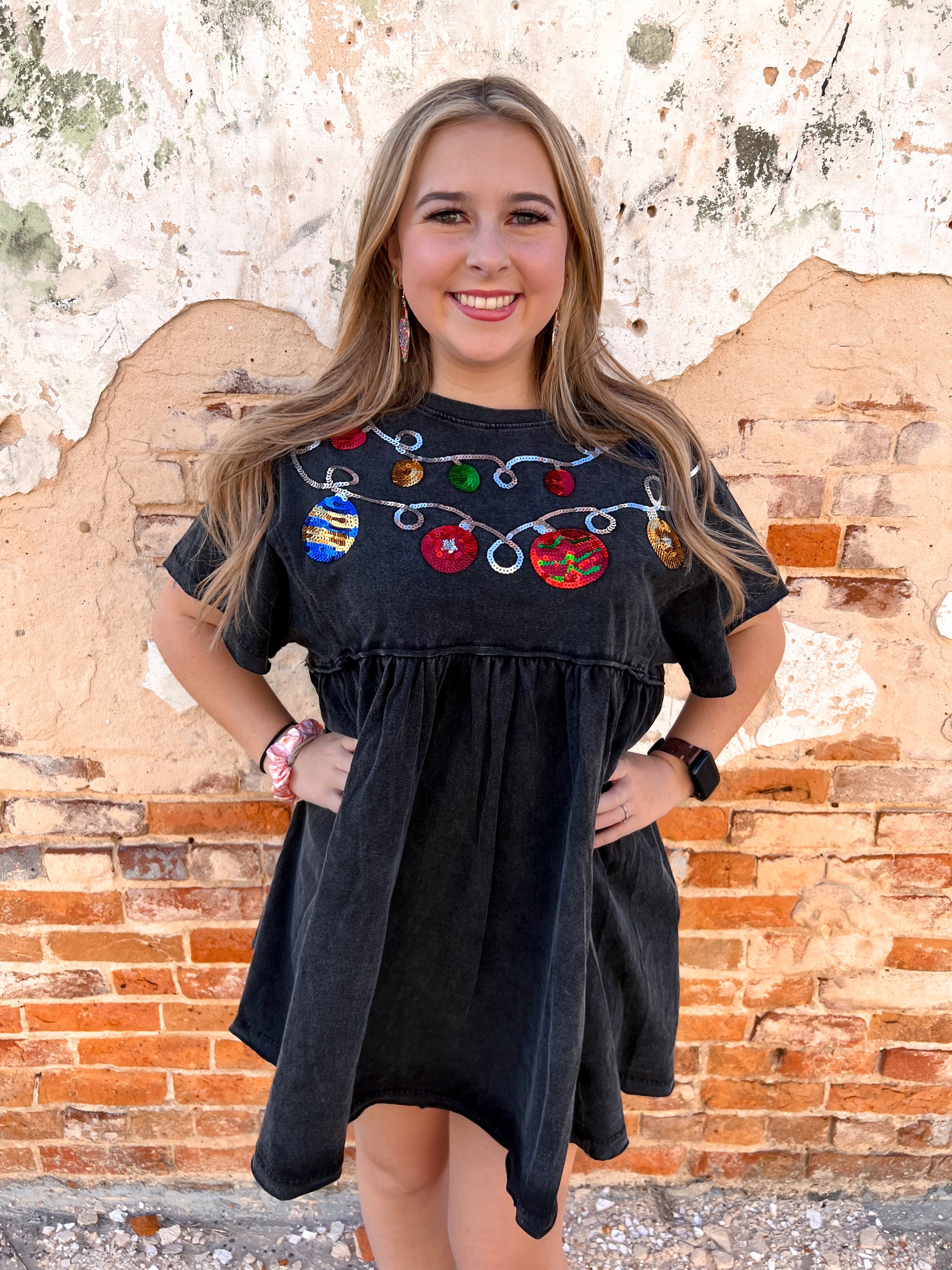 Arabella Christmas Sequin Trim Babydoll Washed Charcoal Dress-Dress-Main Strip-Dresses,Max Retail,not on the floor only in totes,Winter Tote T5-The Twisted Chandelier