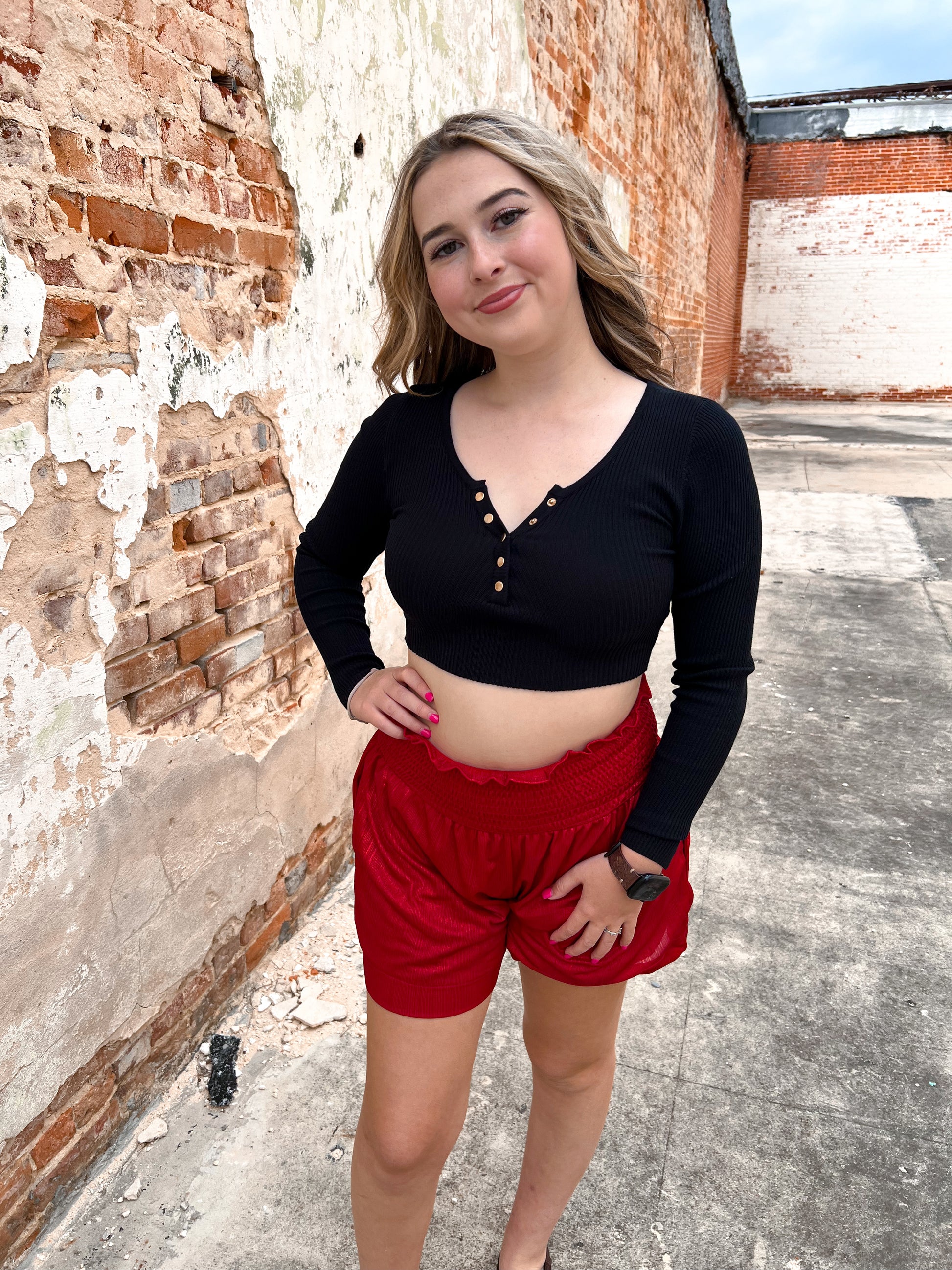 Julie Red High Waisted Shimmer Shorts-Shorts-Southern Grace Wholesale-04/25,1st md,Bin D1,bottoms,Max Retail-The Twisted Chandelier