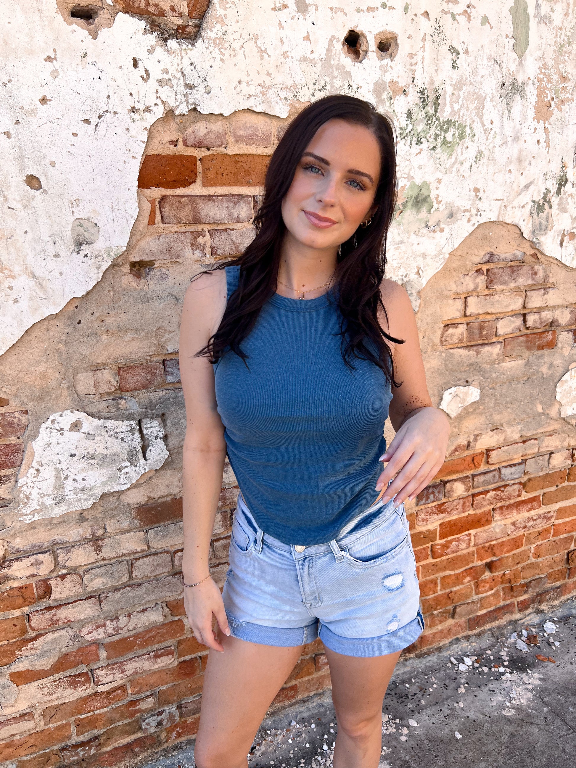 Willa Mineral Wash Rib Knit Tank Top - Blue-Tank Top-HYFVE-08/28/25,BIN D3,CR 05/09/25,OGP 27.95,Tops Collection-The Twisted Chandelier