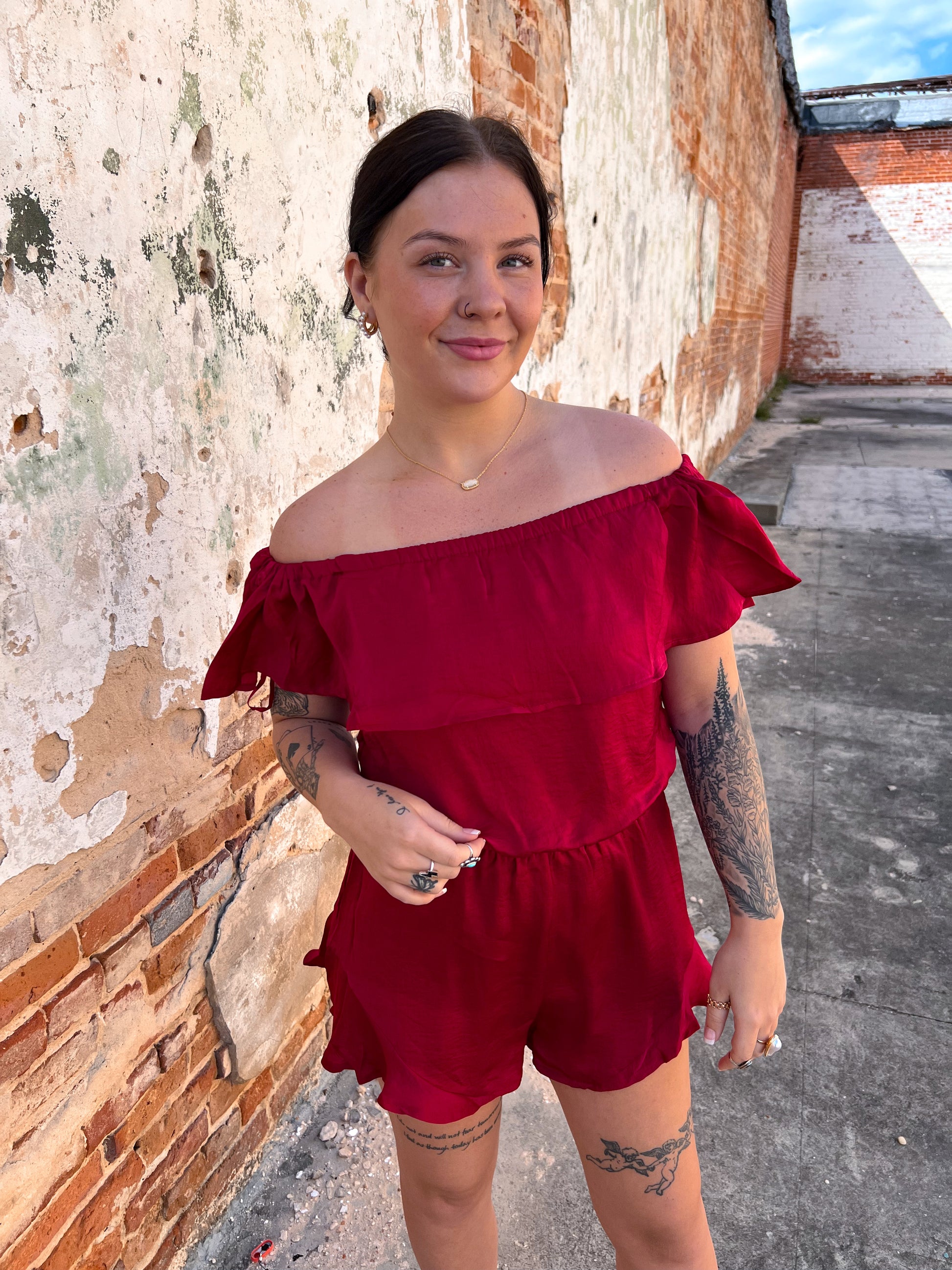Mila Off The Shoulder Satin Romper-Romper-She & Sky-& Jumpsuits,08/18/24,1st md,Bin d2,DJR,Dresses,gameday,Max Retail,OGP 49.99,Rompers,SS8084-The Twisted Chandelier