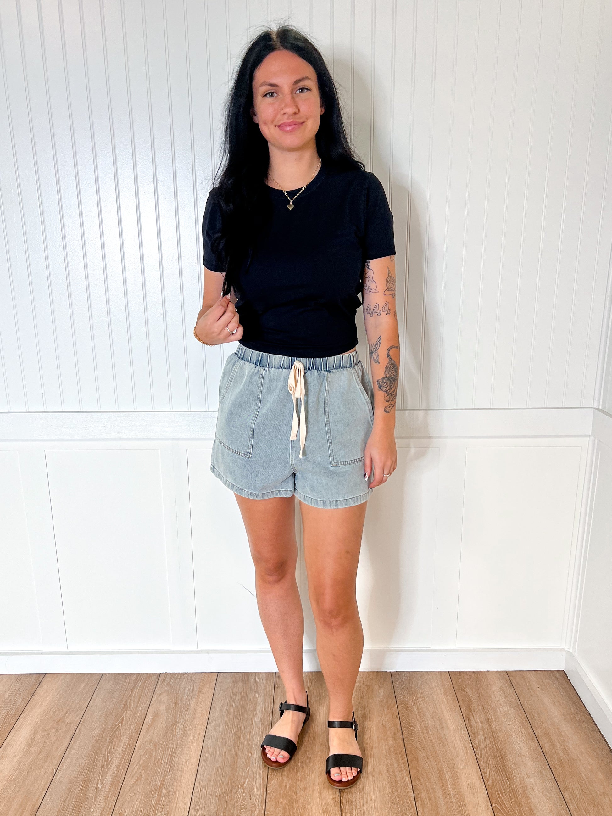 Brenda Washed Denim Shorts with Elastic Waist Band-She & Sky-06/30/25,1st md,Bin C5,bottoms,FD 06/03/25,OGP 49.99,Shorts,SY8960-The Twisted Chandelier